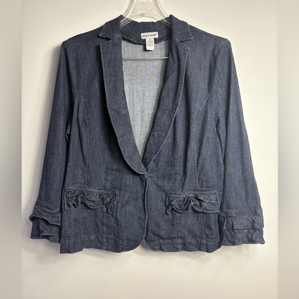 Jessica London Women's Sz 18W Blue Denim One Button Blazer With Ruffles
